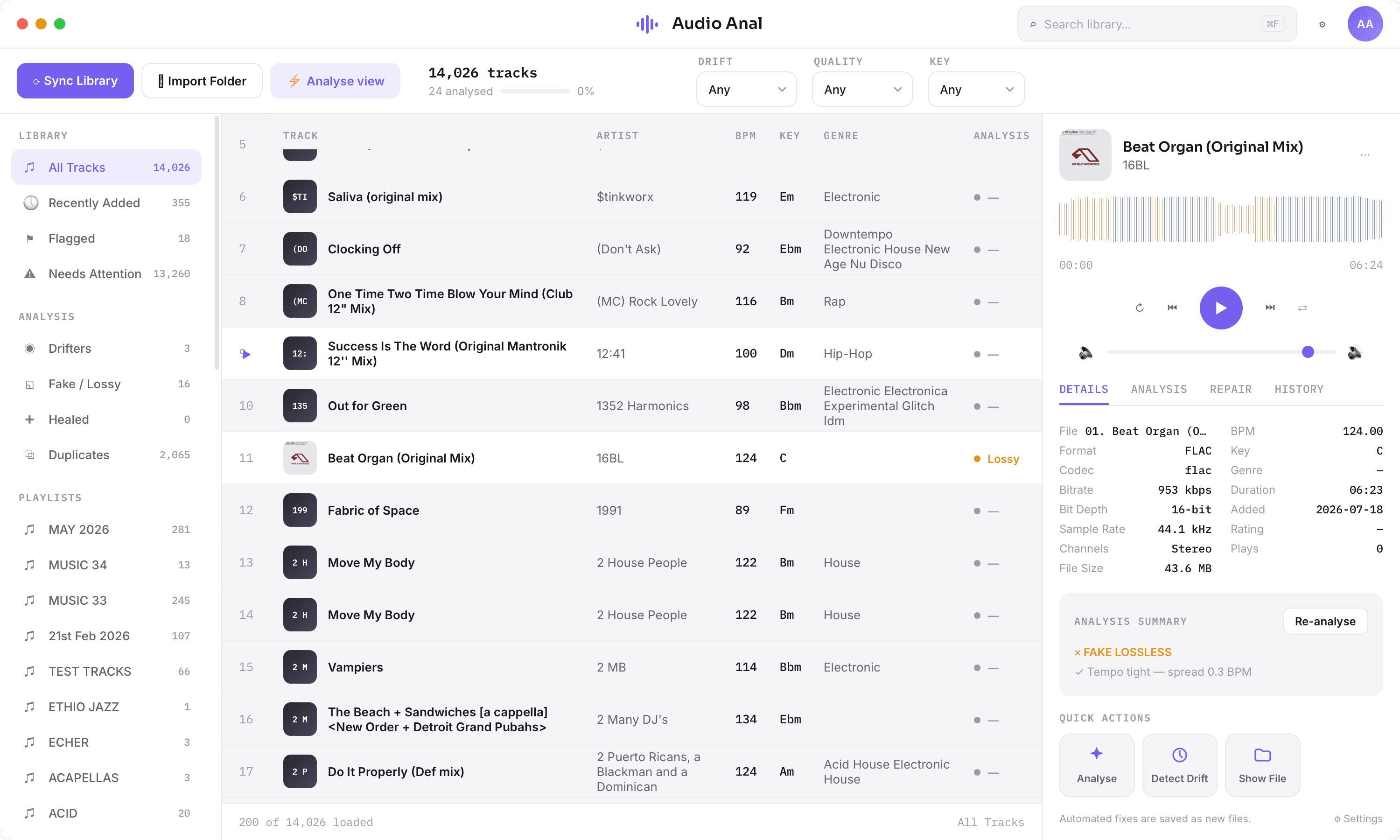 Audio Anal dashboard: library table with clean, drift and lossy verdicts, and a track detail panel with waveform and analysis summary