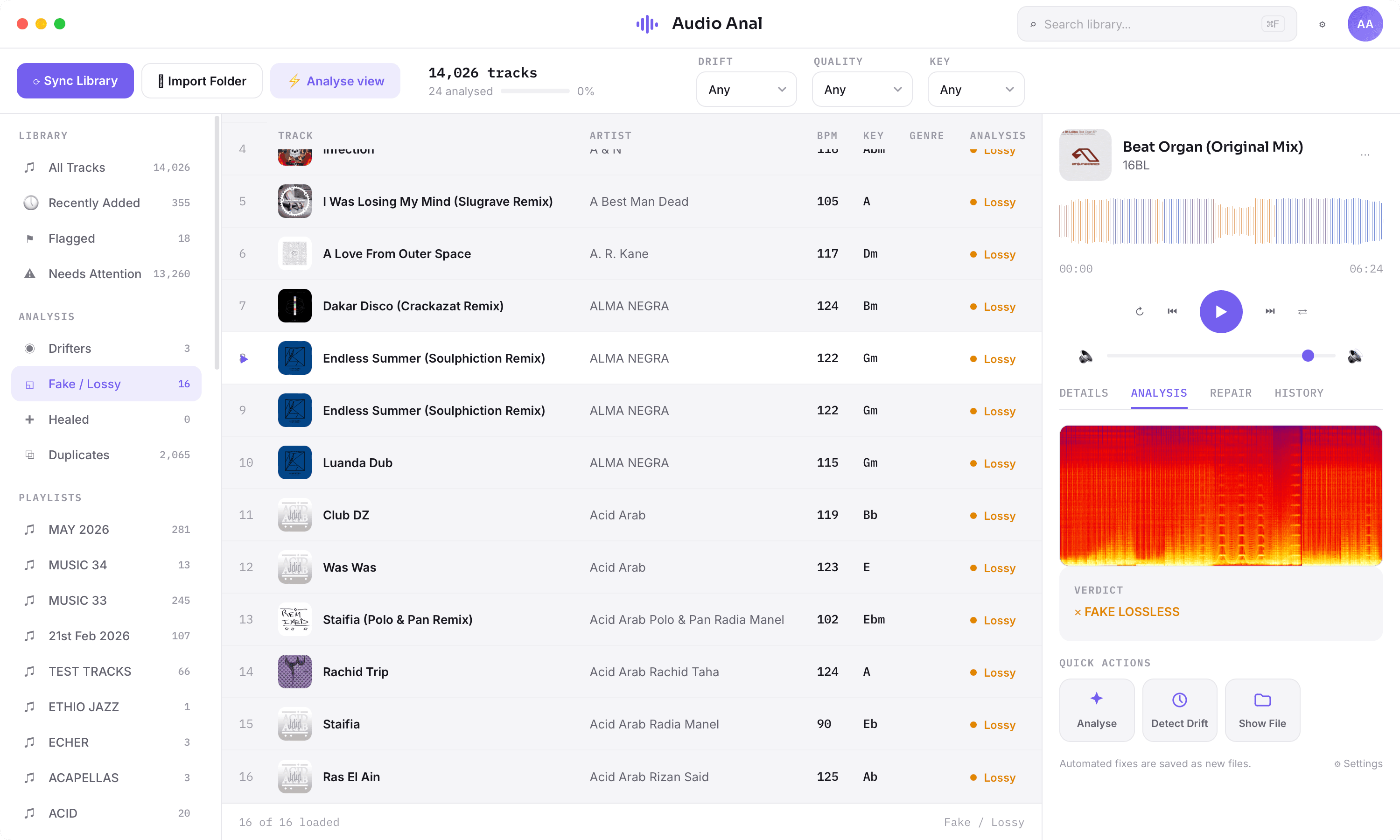 Audio Anal fake/lossy smart view: every flagged file in the library in one list